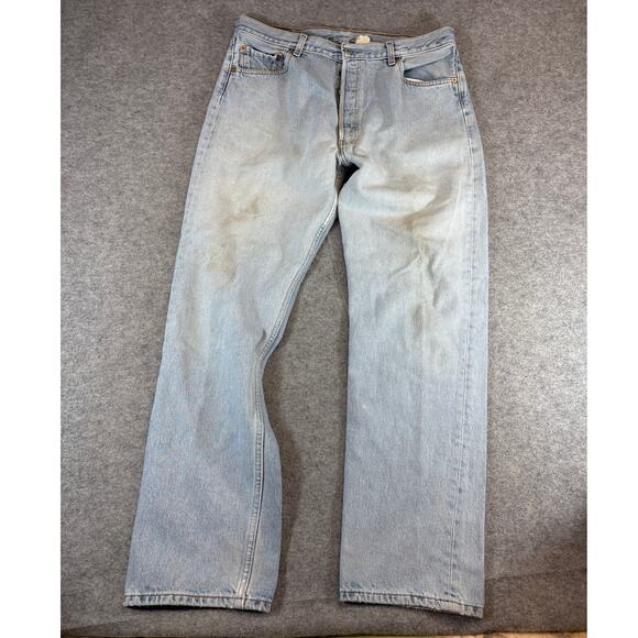 Levis Jeans Mens Size 34 Blue Denim Button Fly Straight Leg Grunge Streetwear - Picture 5 of 10